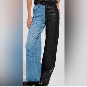 AKIRA Black Faux Leather and Blue Denim Patchwork Straight Leg Jeans
